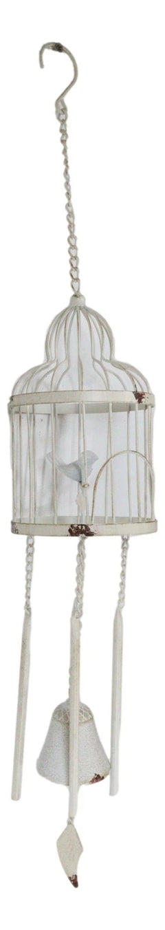 Whimsical Rustic White Bird Perching On Twig In Cage Aluminum Metal Wind Chime-6