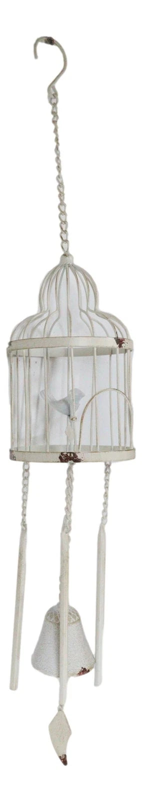 Whimsical Rustic White Bird Perching On Twig In Cage Aluminum Metal Wind Chime-6