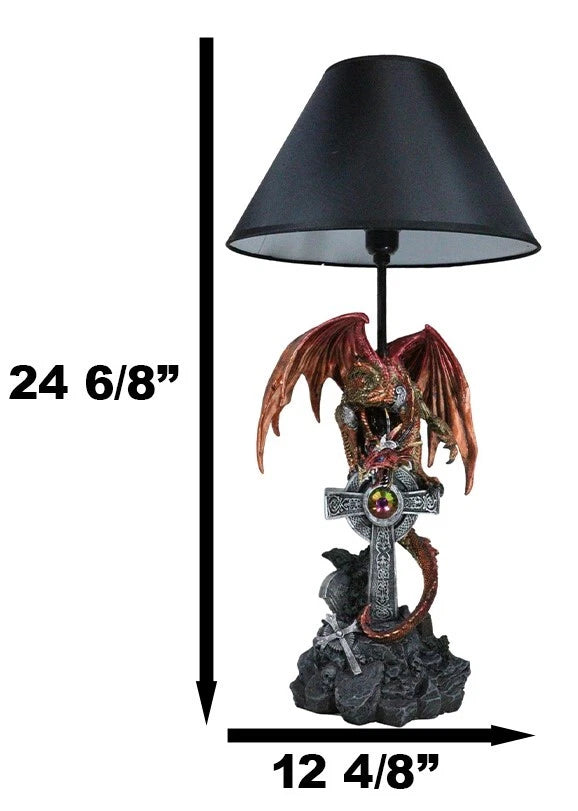 Red Gold Armored Dragon On Celtic Knotwork High Cross With Crystal Table Lamp-4