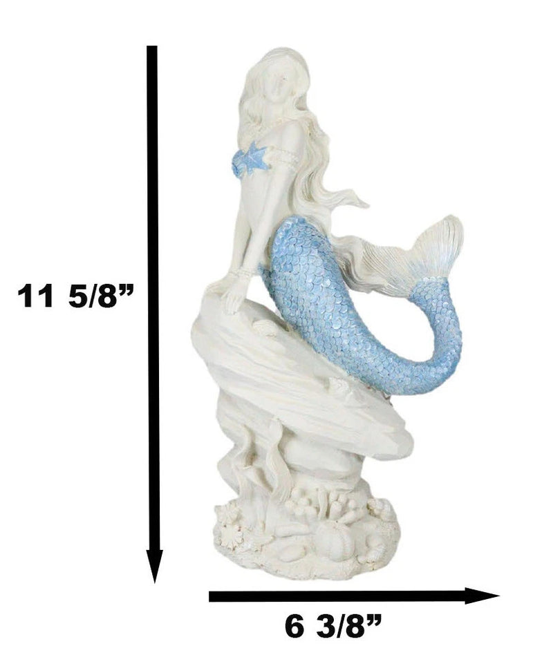 Figura de sirena de cola azul océano sentada sobre una roca marina, 11.5" de alto-8