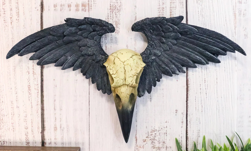 Ravenger Thanatos Raven Crow Skull With Black Angel Wings Wall Decor Plaque-1
