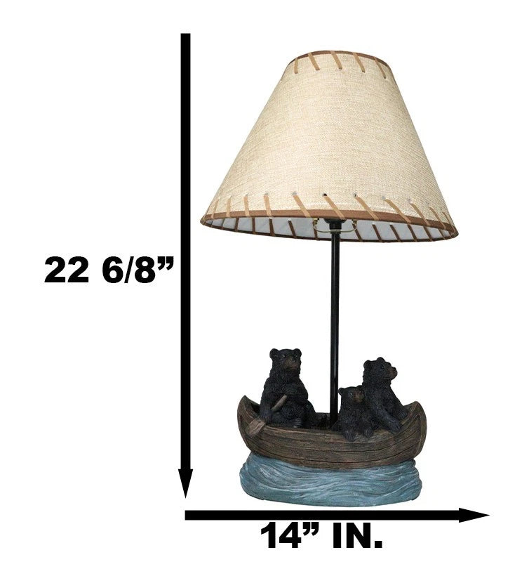 Rustic Woody Forest River Run Black Bears With Cub Rowing Canoe Boat Table Lamp-7