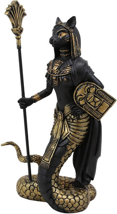 11"H Egyptian Bastet Cat With Snake Holding Spear & Shield Statue 11"H-4