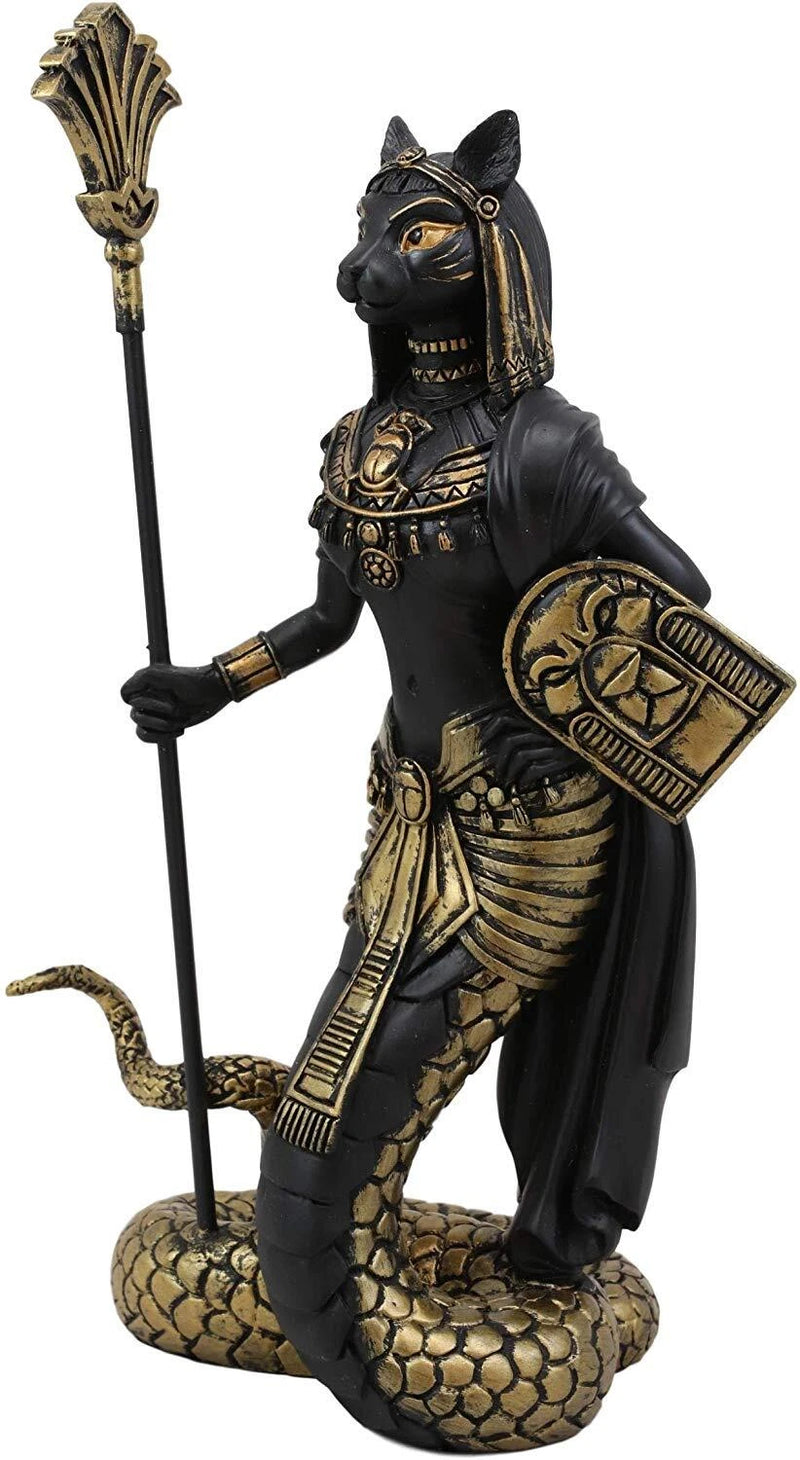 11"H Egyptian Bastet Cat With Snake Holding Spear & Shield Statue 11"H-4