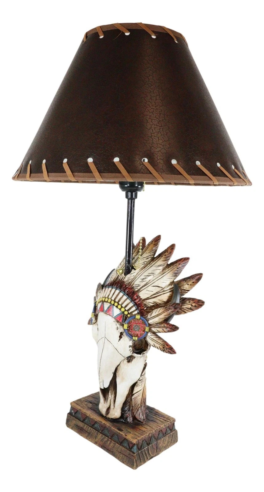 Western Cow Skull with Tribal Indian Chief Feathers Roach Headdress Table Lamp-5
