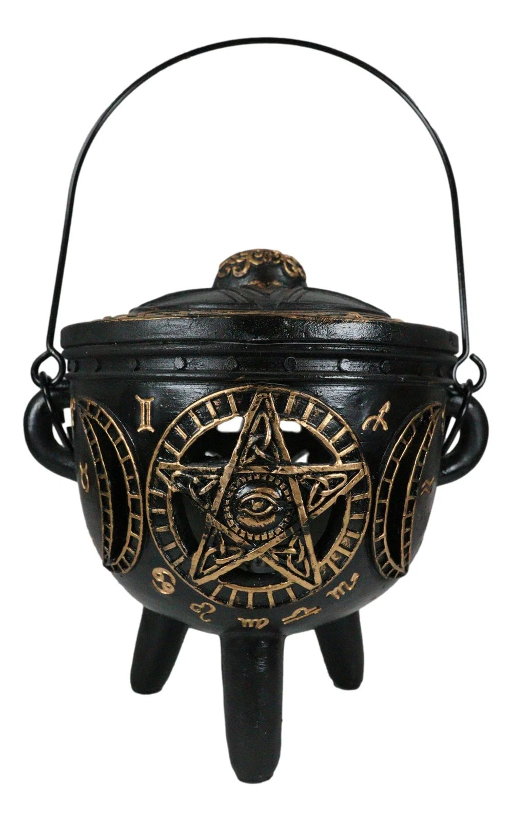 Celtic Wicca Black Magic Occult All Seeing Eye Pentagram LED Cauldron Figurine-3