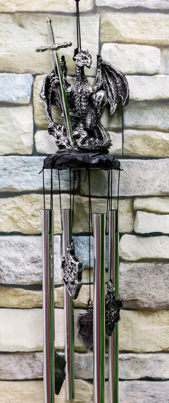 Medieval Silver Dragon Holding Excalibur Sword And Orb Figurine Wind Chime Decor-1