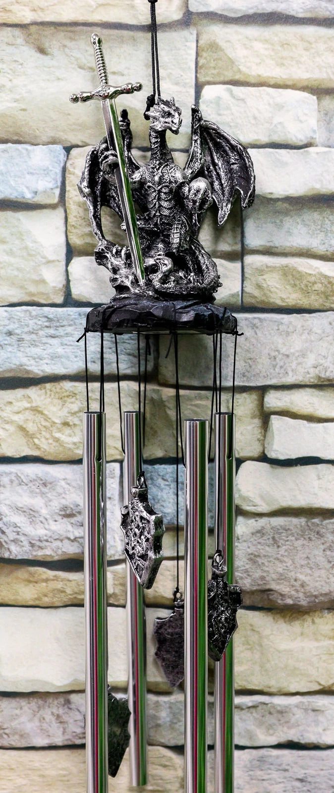 Medieval Silver Dragon Holding Excalibur Sword And Orb Figurine Wind Chime Decor-1