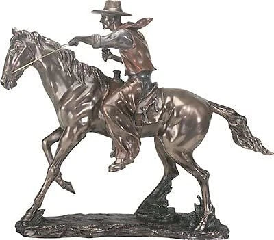 Large 21.25"Long Cowboy On Horse Figurine in Bronze Powder Finish Resin Statue