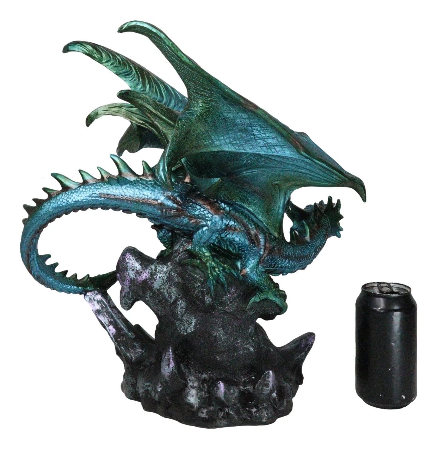 Large Aquamarine Iridescent Dragon Guarding LED Faux Crystal Geode Rock Figurine-8