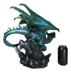 Large Aquamarine Iridescent Dragon Guarding LED Faux Crystal Geode Rock Figurine-8