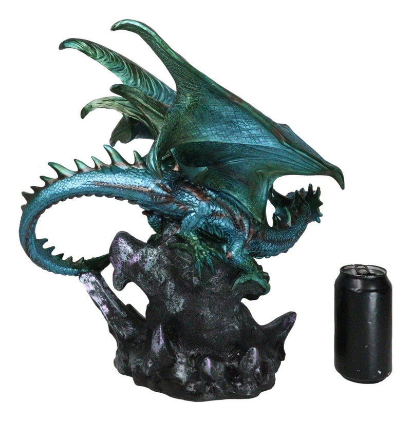 Large Aquamarine Iridescent Dragon Guarding LED Faux Crystal Geode Rock Figurine-8