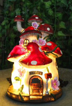 LED Light Up Enchanted Fairy Garden Toadstool Mushrooms Cottage House Figurine-1