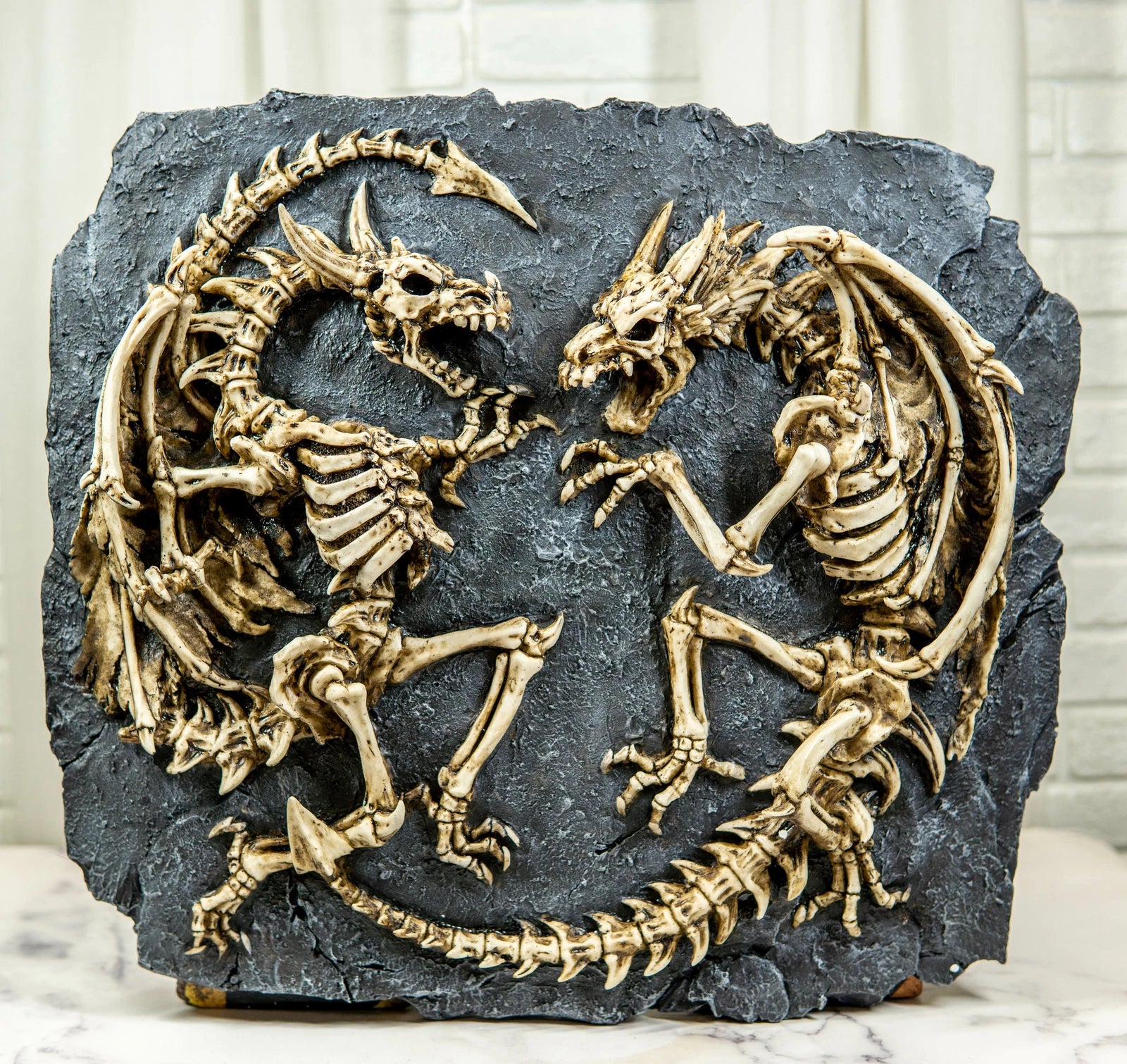 Faux Fossil Rock Block With 2 Dueling Skeleton Dragons Exotic Wall Decor Plaque-5