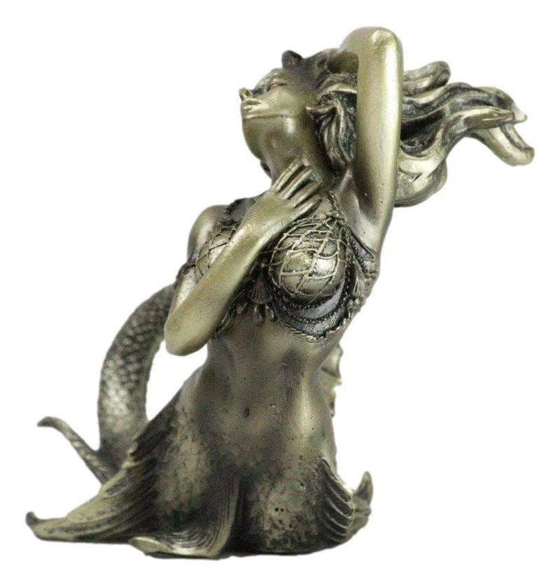 Nautical Aged Bronze Resin Seductive Mermaid Siren With Fishnets Figurine 7"L-7
