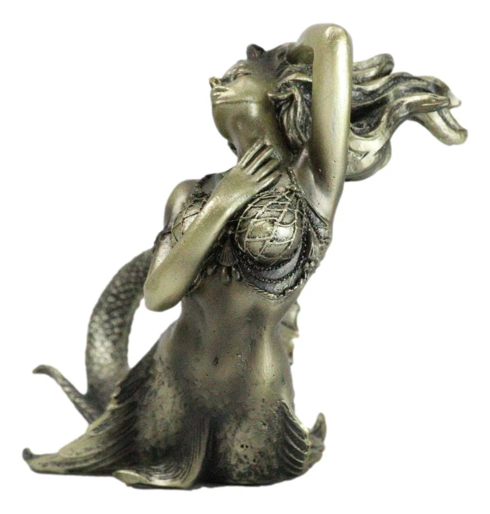 Nautical Aged Bronze Resin Seductive Mermaid Siren With Fishnets Figurine 7"L-7