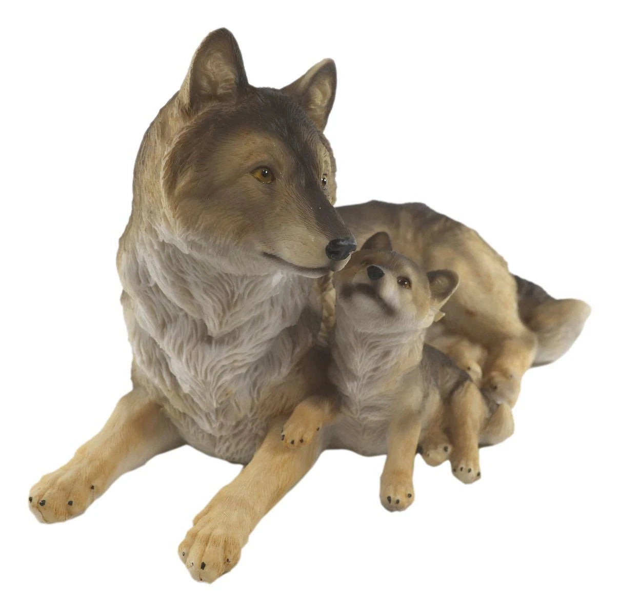 Alpha Gray Wolf Family Figurine 9.75"L Timber Wolf Mother Resting With Pup-4