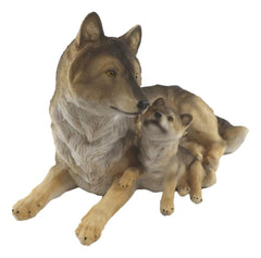 Alpha Gray Wolf Family Figurine 9.75"L Timber Wolf Mother Resting With Pup-4