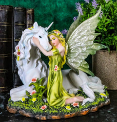 Green Earth Gaia Fairy With Rare Floral White Unicorn Statue Decor Figurine 7"L-1