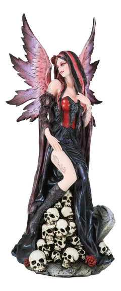 Black Sorceress Skulls Fairy with Red Rose Standing On Tombstone Figurine 15"H-6