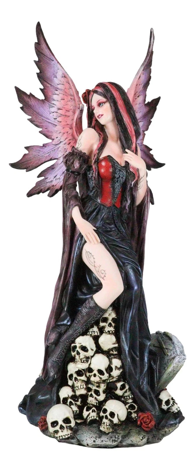 Black Sorceress Skulls Fairy with Red Rose Standing On Tombstone Figurine 15"H-6