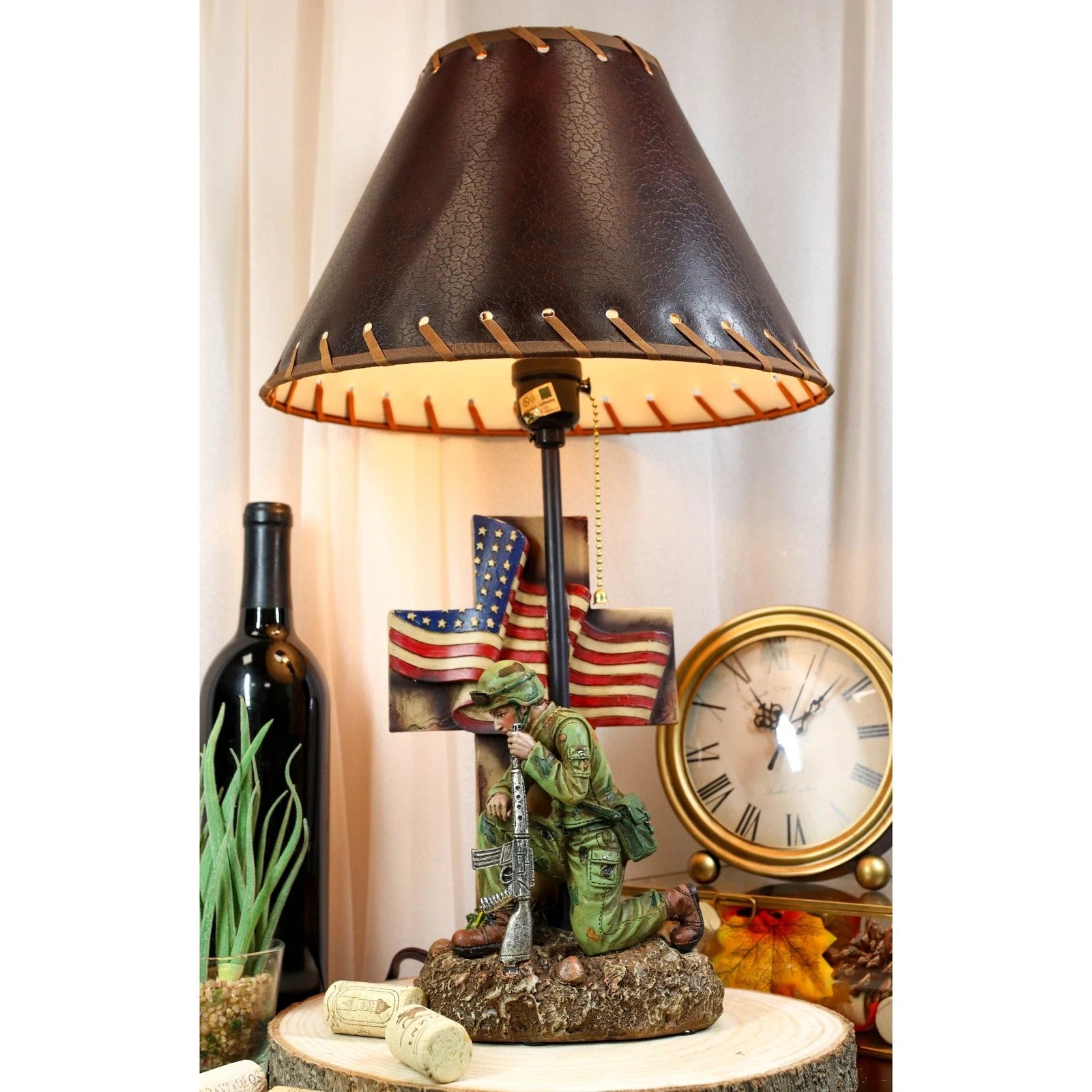 Patriotic Soldier With Rifle Kneeling By American Flag Cross Memorial Table Lamp-2
