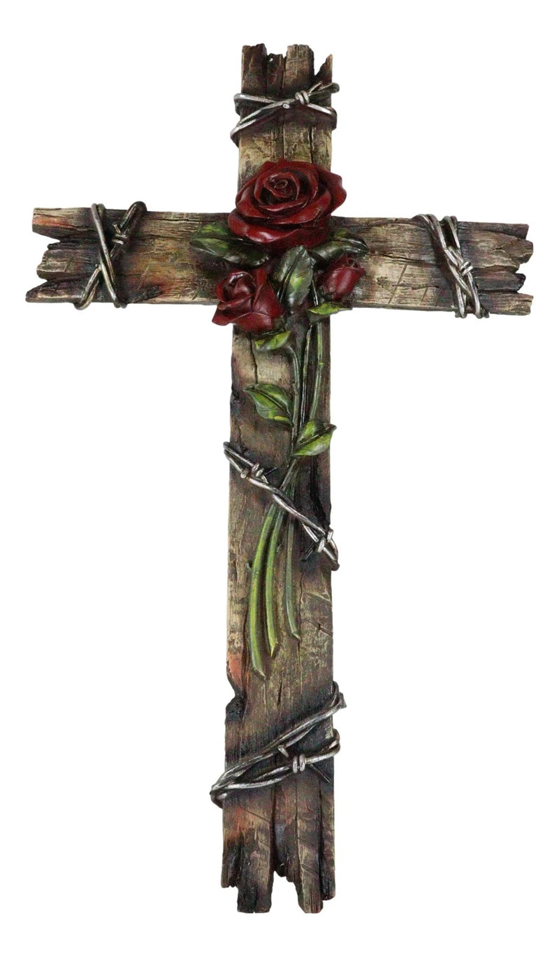 Rustic Western Faux Wooden Valentine Love Red Roses With Barbed Wires Wall Cross-7