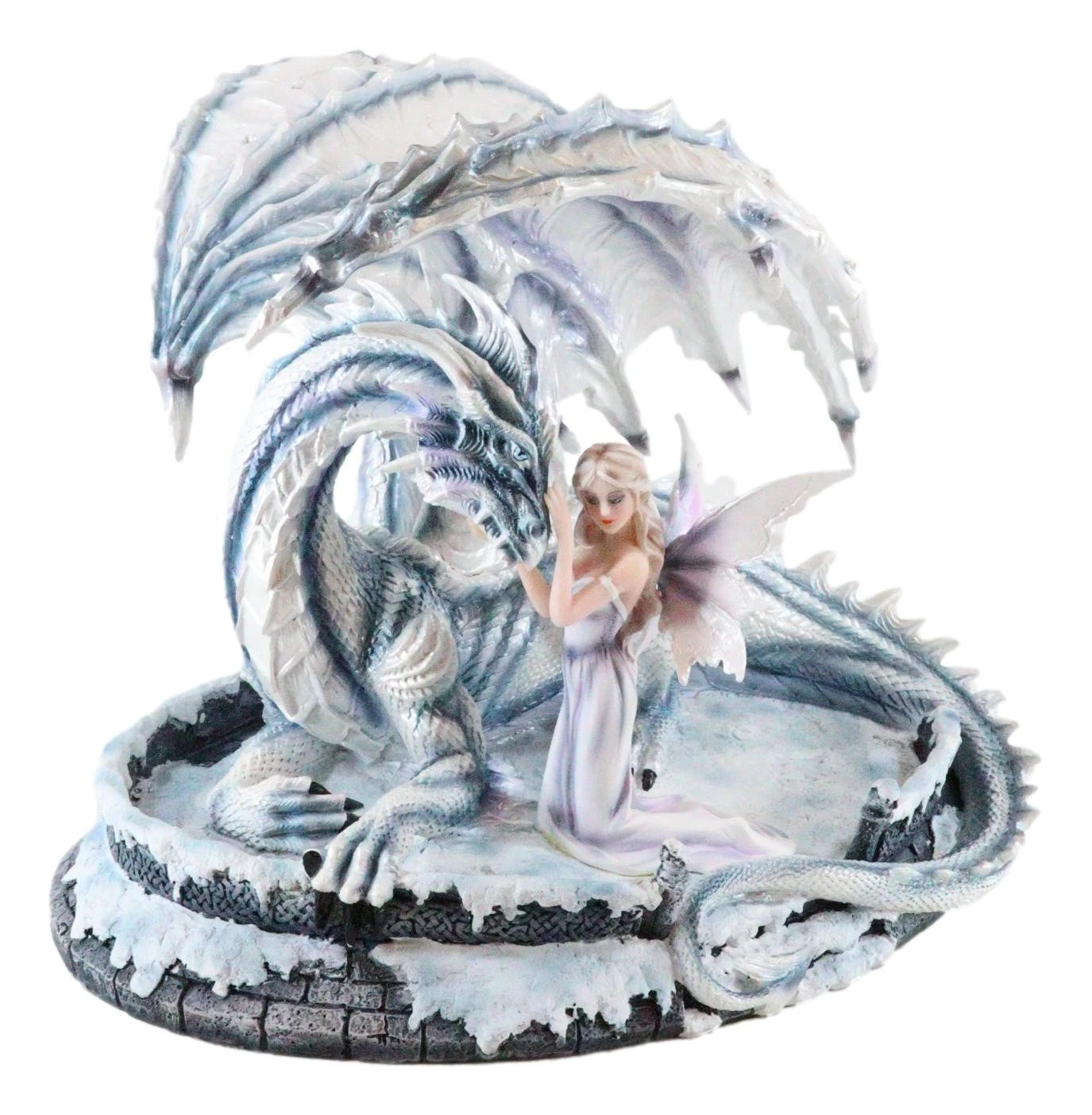 Large 15" Long Winter Blizzard Fairy with Giant White Dragon Statue-8