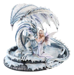 Large 15" Long Winter Blizzard Fairy with Giant White Dragon Statue-8