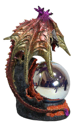 Metallic Red Gold Armored Dragon On Volcano Lava Rock With LED Optic Ball Statue-4