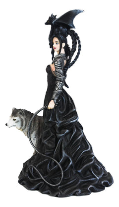 Gothic Maestra Maleficent Witch Fairy With Alpha Wolf and Black Dragon Statue-4