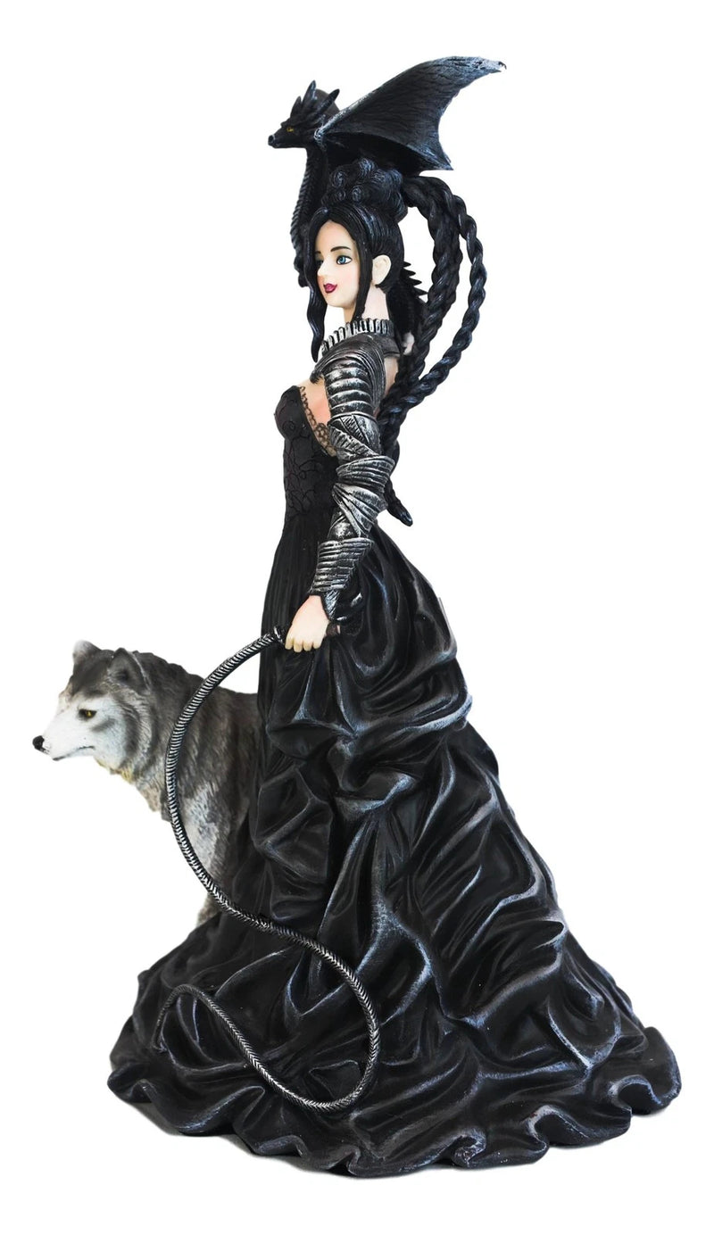 Gothic Maestra Maleficent Witch Fairy With Alpha Wolf and Black Dragon Statue-4