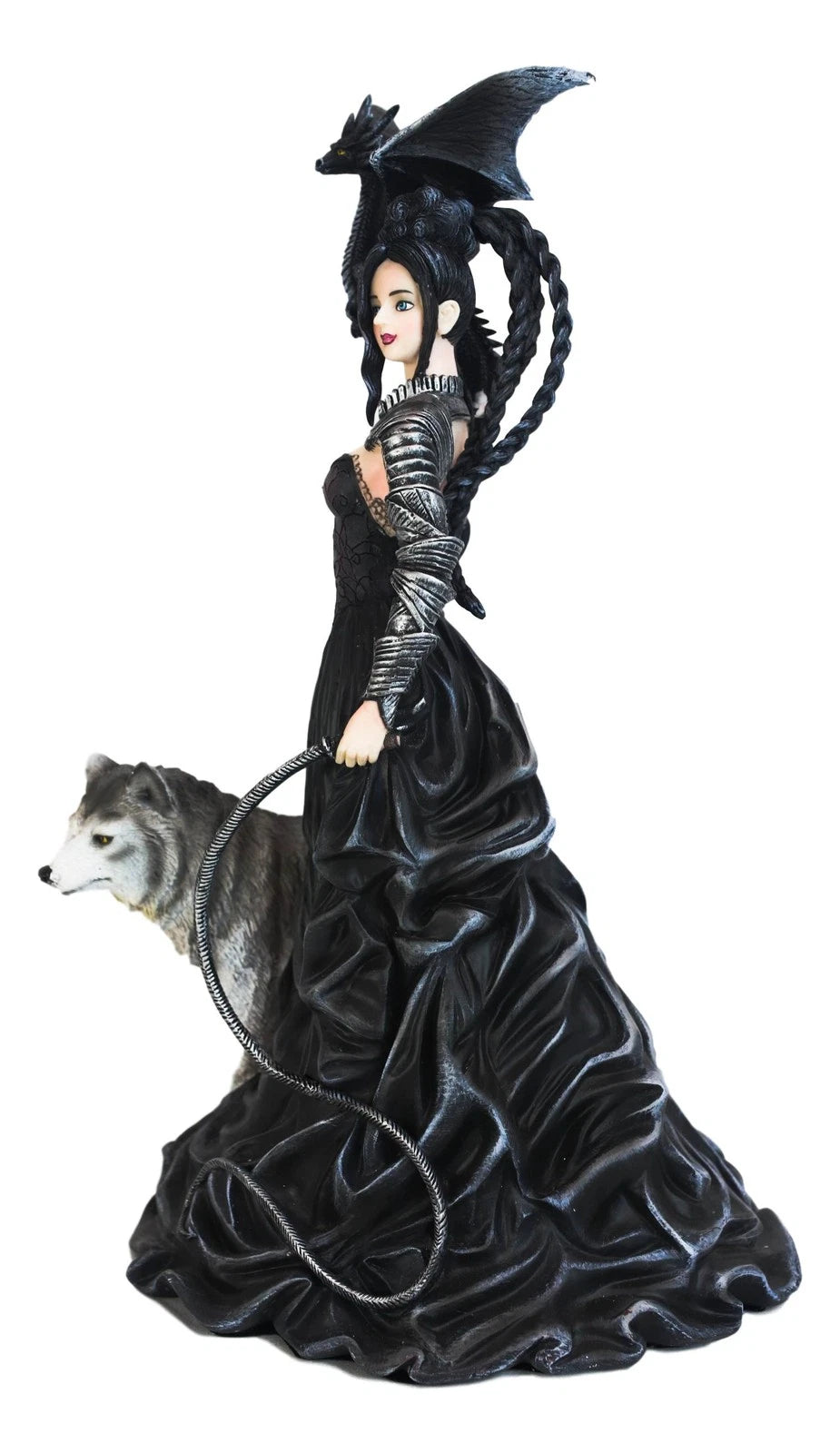 Gothic Maestra Maleficent Witch Fairy With Alpha Wolf and Black Dragon Statue-4