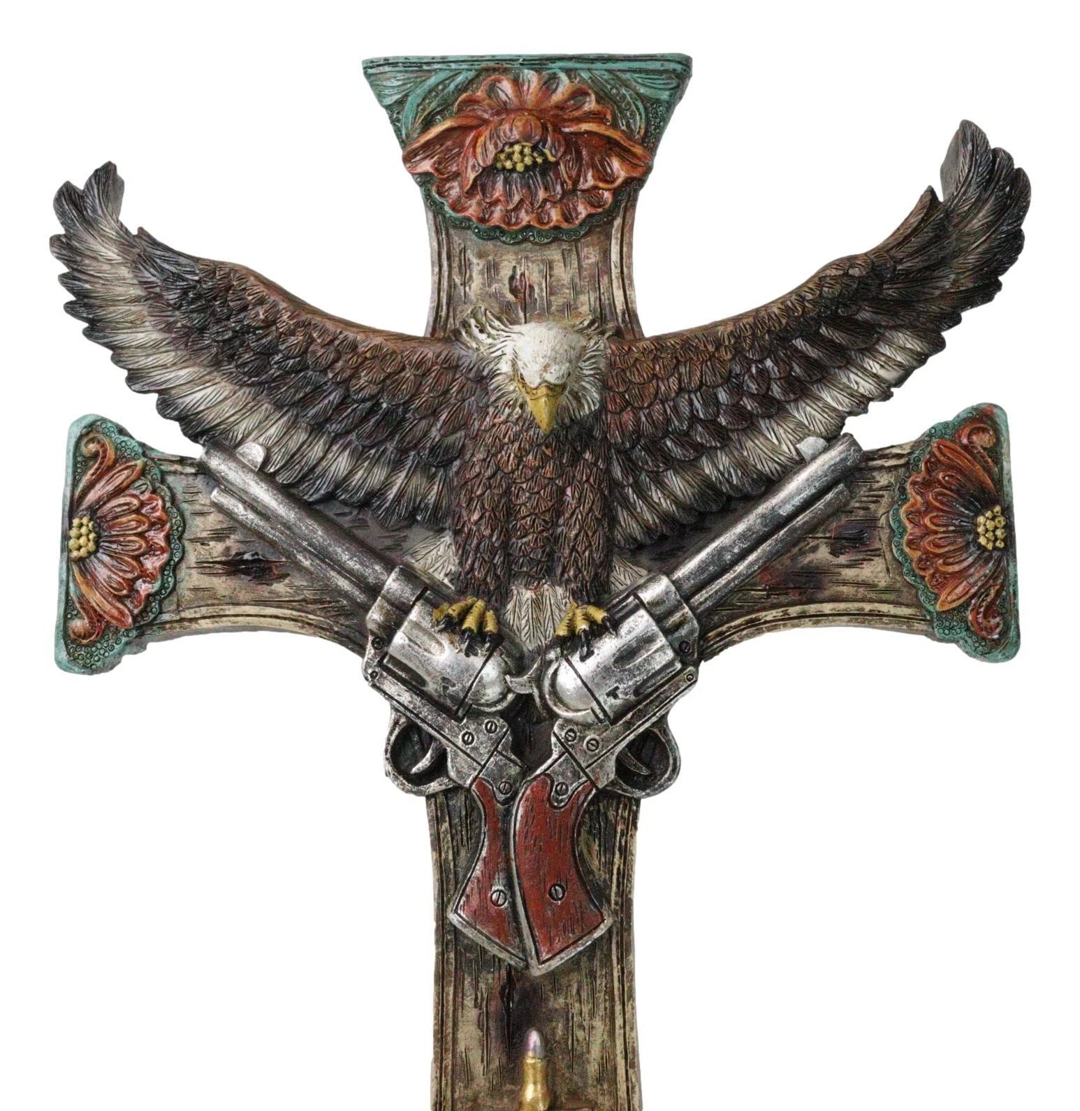 Rustic Western Turquoise Flowers Eagle Dual Pistols Cowboy Faux Wood Wall Cross-3