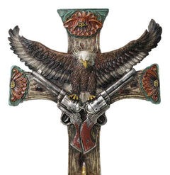 Rustic Western Turquoise Flowers Eagle Dual Pistols Cowboy Faux Wood Wall Cross-3