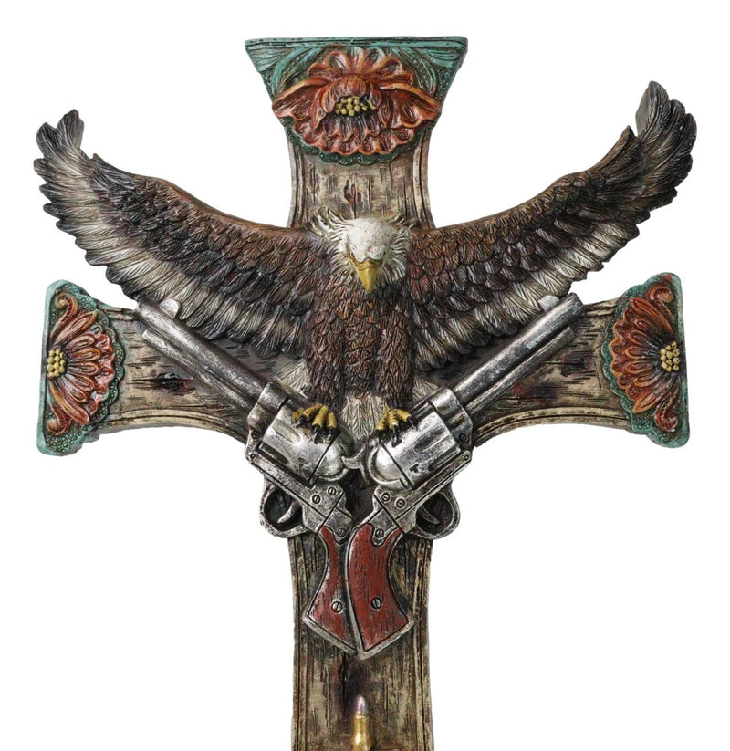 Rustic Western Turquoise Flowers Eagle Dual Pistols Cowboy Faux Wood Wall Cross-3