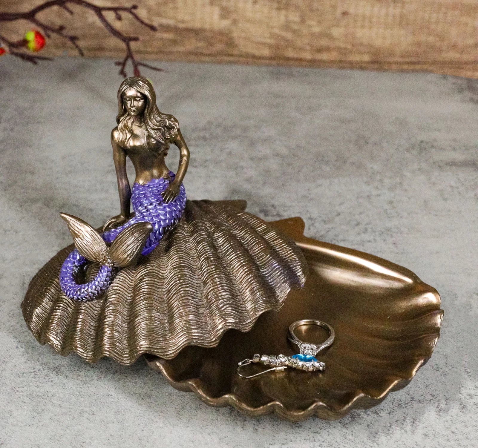 Beautiful Mermaid Sitting On Giant Sea Shell Decorative Jewelry Box Figurine-1