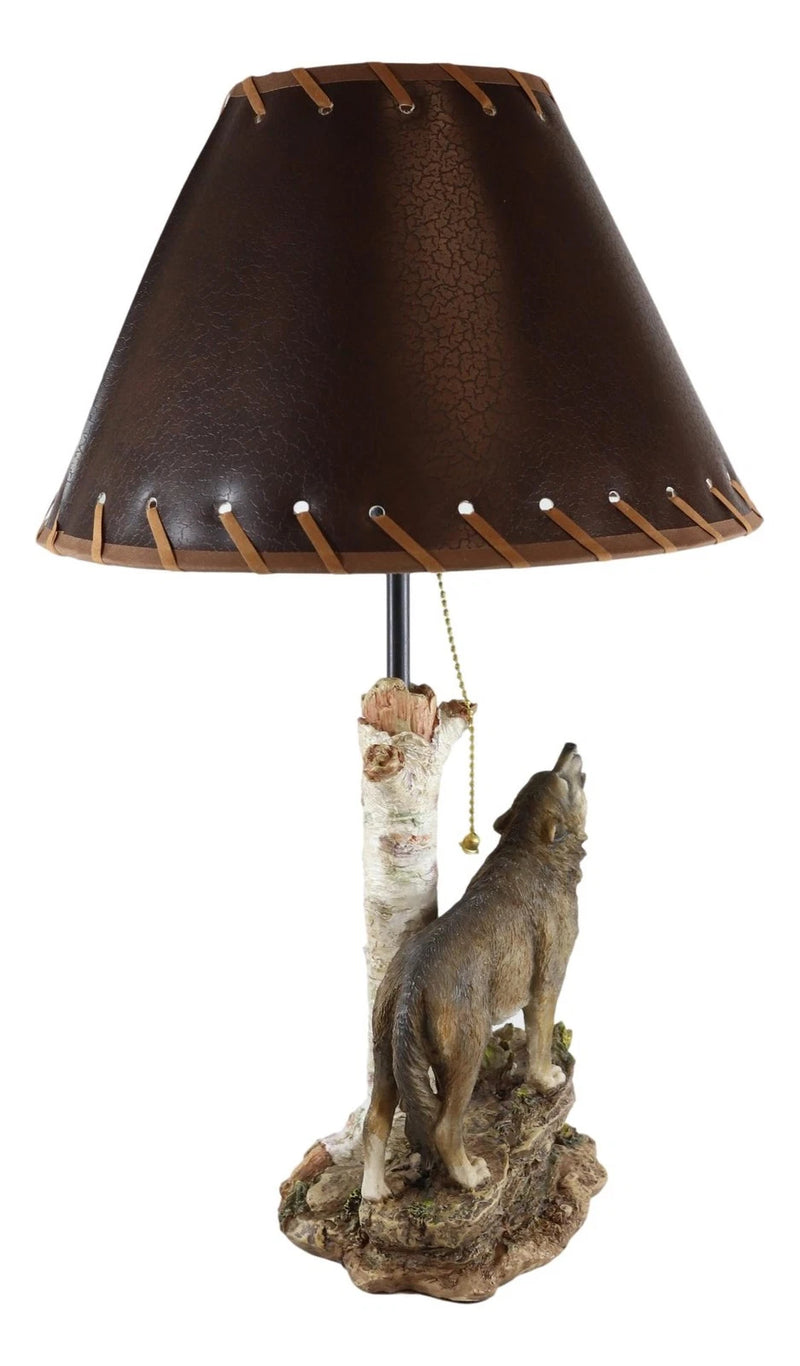 Rustic Wildlife Grey Wolf Howling By Birchwood Tree Table Lamp With Laced Shade-2