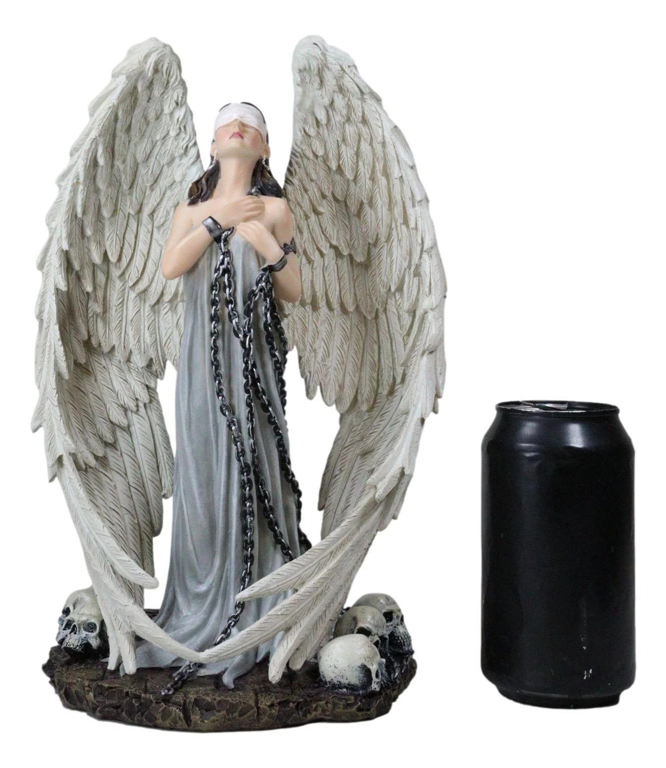 Captive Spirits Blindfolded Standing Angel Tied In Chains By Skulls Figurine-3
