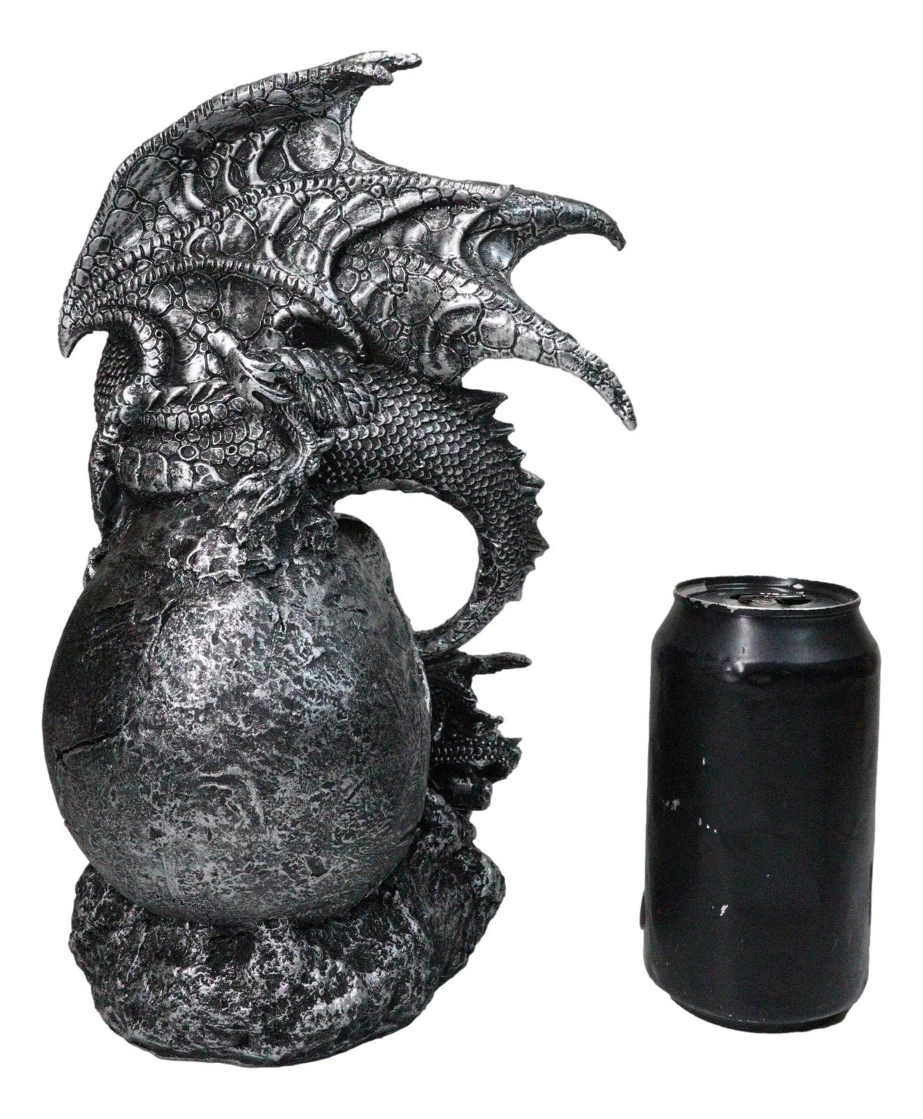 Silver Gothic Dragon On Oversized Skull with Faux Geode Crystal LED Figurine-5