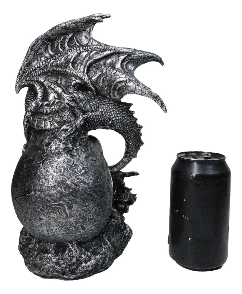 Silver Gothic Dragon On Oversized Skull with Faux Geode Crystal LED Figurine-5