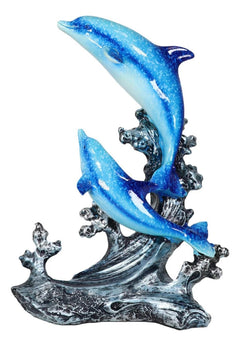 Nautical Marine Sea Ocean 2 Blue Dolphins Leaping Out Of The Reef Waves Figurine-3