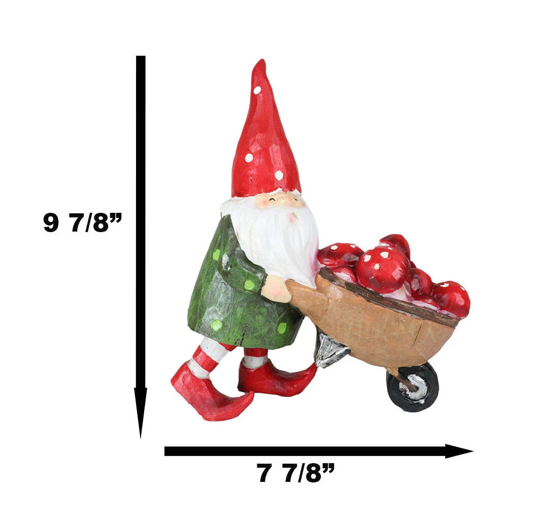 Whimsical Garden Mr Grandpa Gnome Pushing Toadstool Mushrooms Wheelbarrow Statue-4