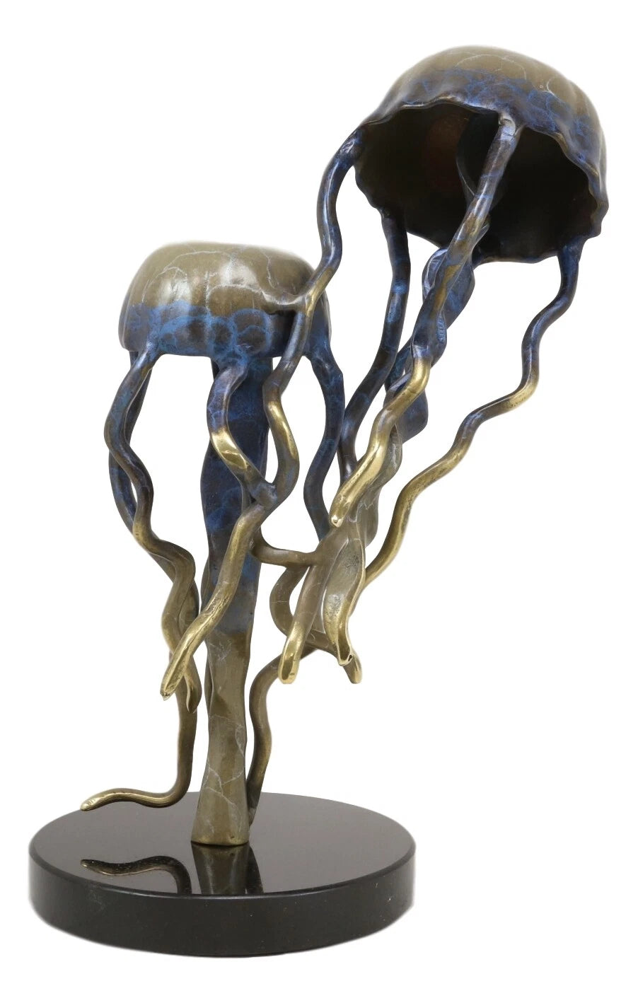 Brass Colorful Nautical Jellyfish Pair Floating In The Sea Statue On Marble Base