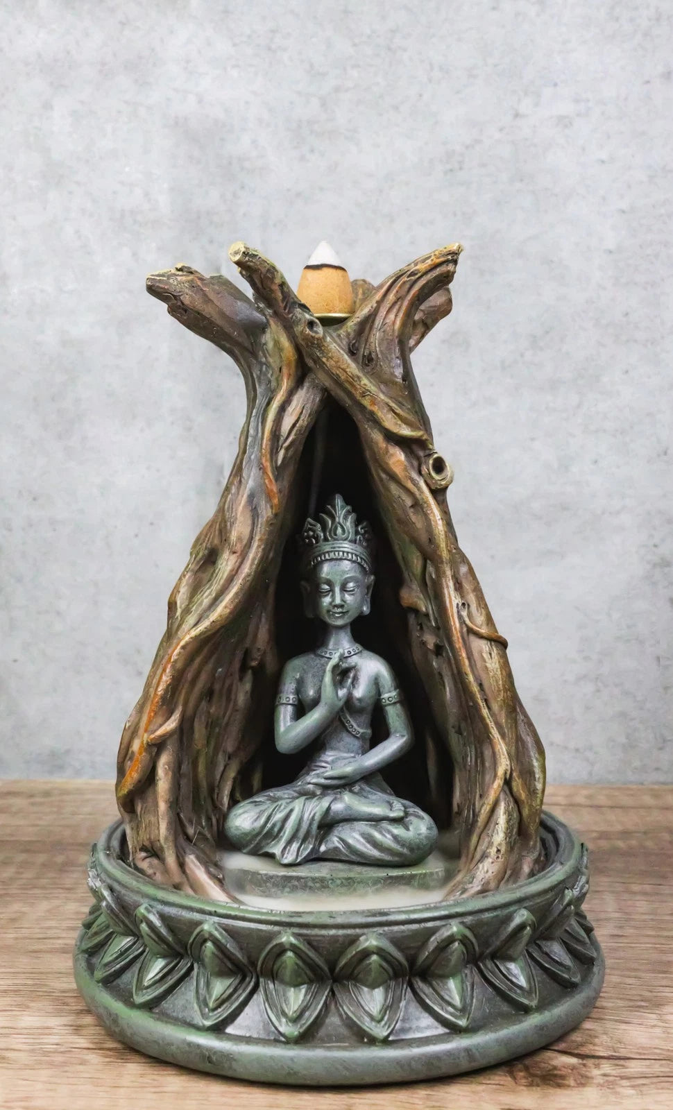 Amitabha Buddha Meditating Inside Tree Trunk Backflow Incense Burner Figurine-1