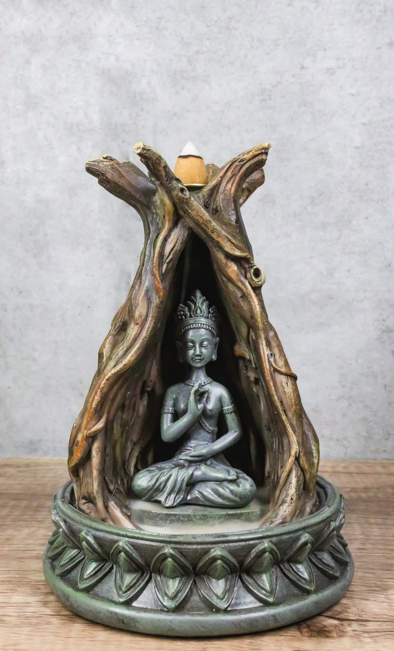 Amitabha Buddha Meditating Inside Tree Trunk Backflow Incense Burner Figurine-1