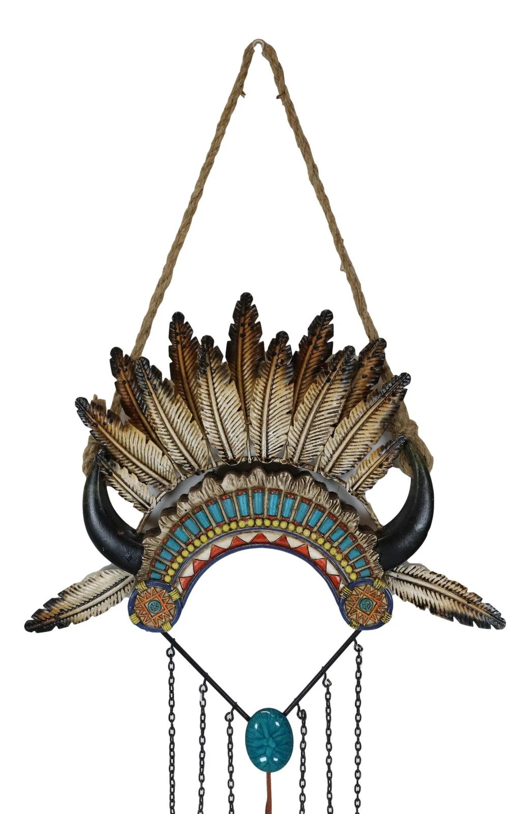 Southwest Boho Chic Indian Chief Headdress Feathers Turquoise Rocks Wind Chime-3