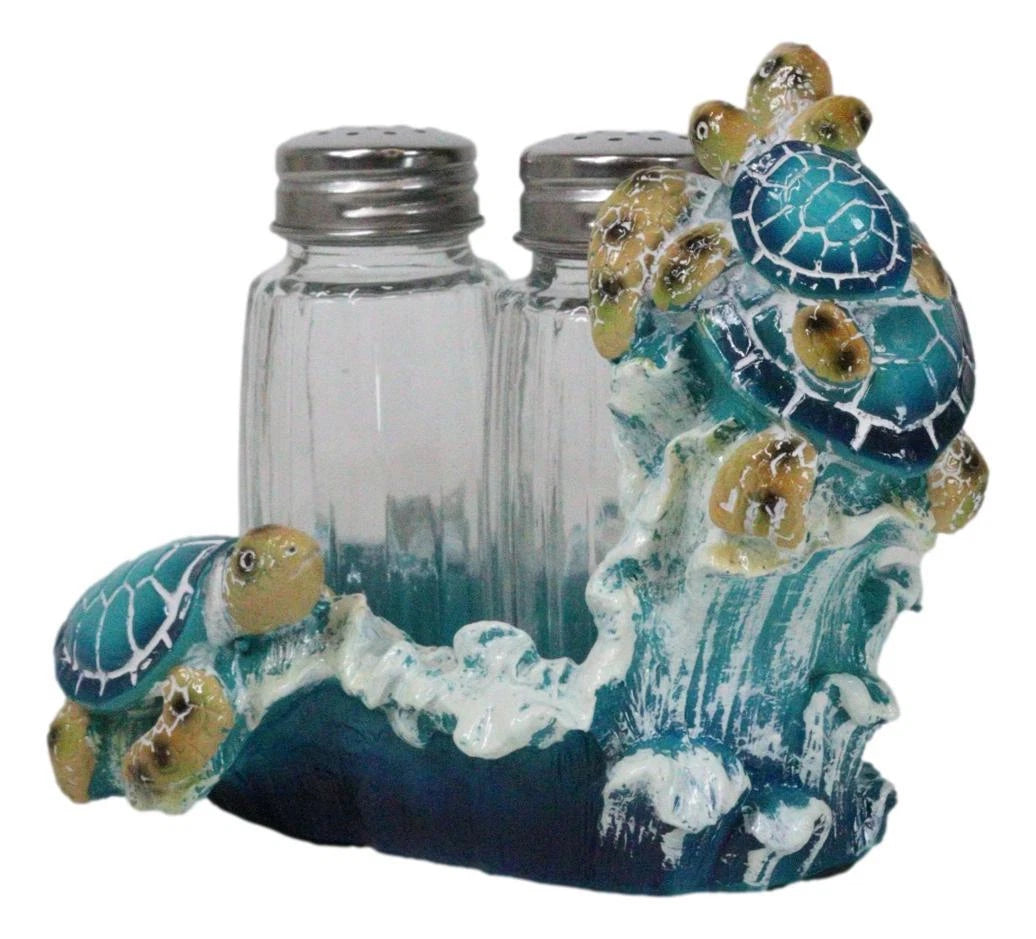 Nautical Marine Reef Sea Turtles Over Waves Salt And Pepper Shakers Holder Set-5