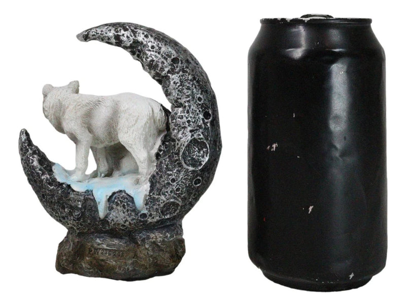 Winter Snow White Wolf With Pup Cub By Snowy Crater Crescent Moon Figurine-4