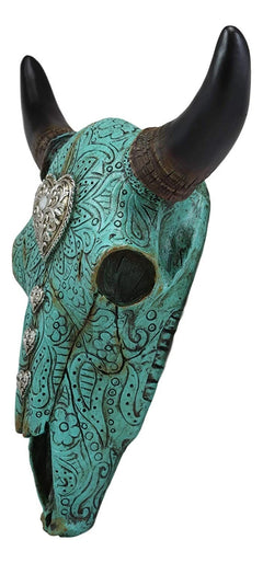10"L Southwest Steer Bison Bull Cow Skull Turquoise With Scroll Heart Wall Decor-4
